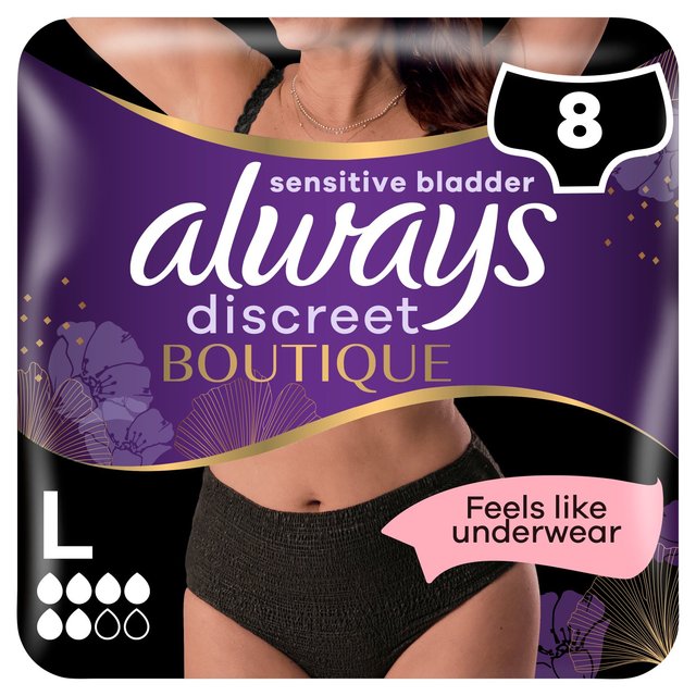 Always Discreet Incontinence Pants Boutique Underwear Black L, 8 per Pack