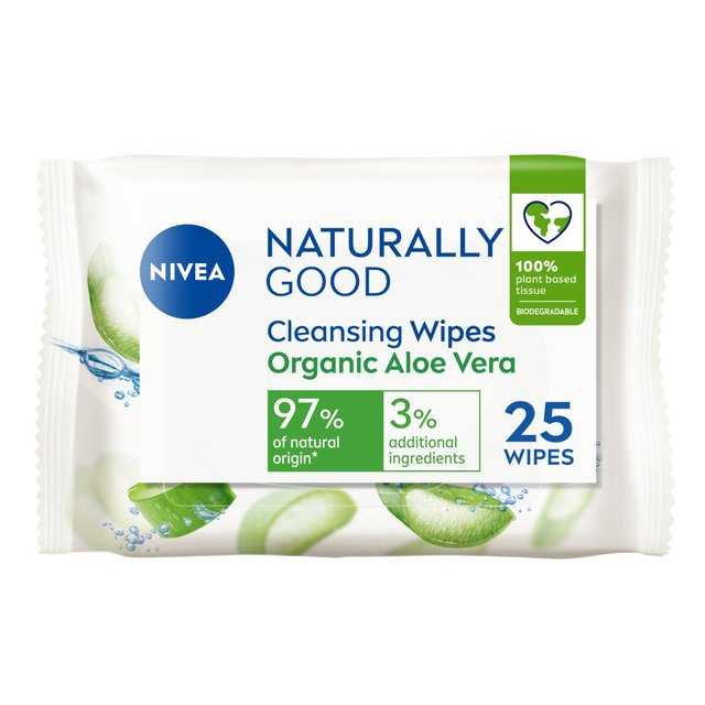 Nivea Naturally Good Organic Aloe Vera Face Cleansing Wipes, 25 Per Pack