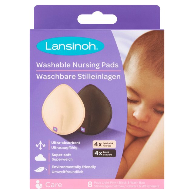 Lansinoh Washable Nursing Pads With Wash Bag, Light Pink & Black, 8 Per Pack