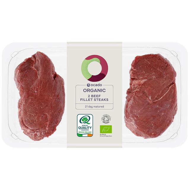 Ocado Organic 2 Beef Fillet Steaks, Typically: 360g