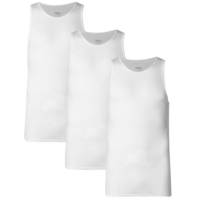 M & S Mens 3 Pack Pure Cotton Sleeveless Vests, M, White