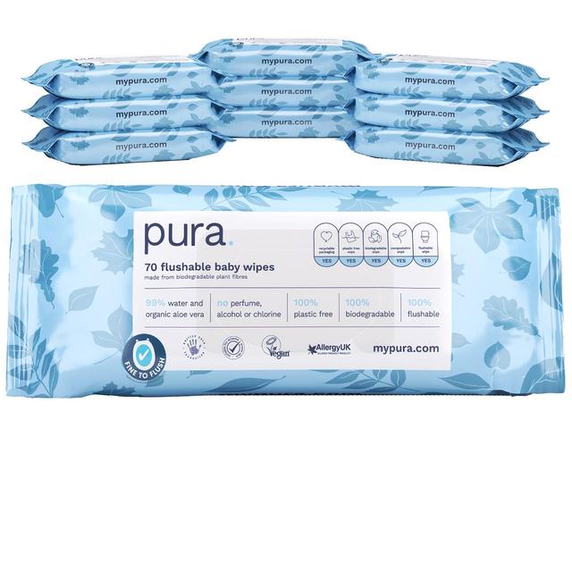 Pura Flushable Eco Baby Wipes, Multipack, 10 x 70 per Pack