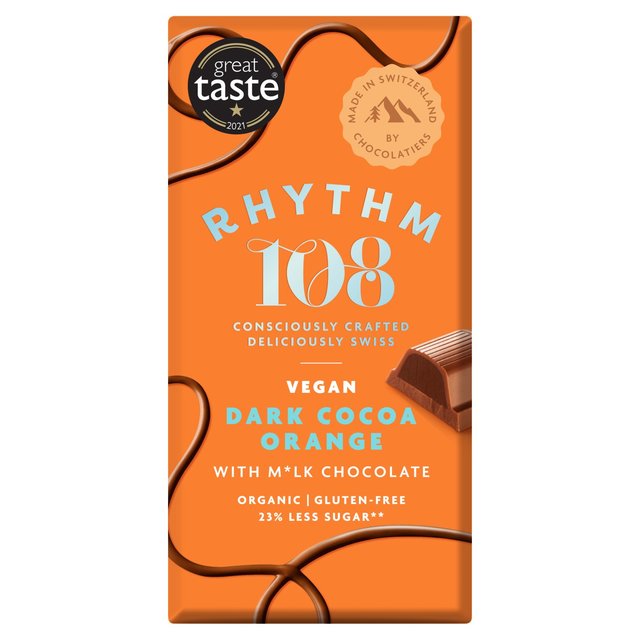 Rhythm 108 Swiss Vegan Dark Cocoa Orange Bar With M’lk Chocolate, 100g