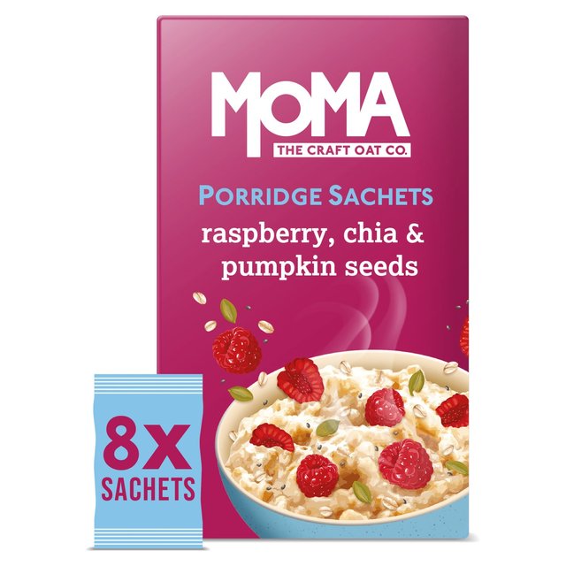 Moma Raspberry, Chia & Pumpkin Seed Jumbo Oat Porridge Sachets Vegan, 8 Per Pack
