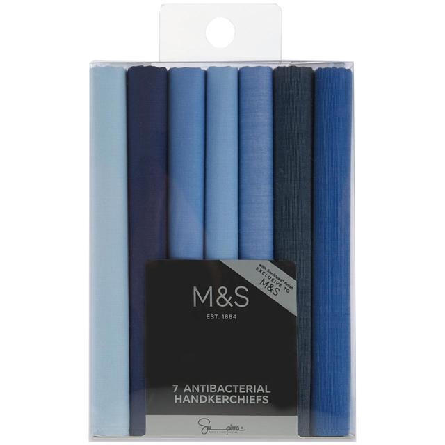 M & S 7Pk Antibacterial Premium Cotton Handkerchiefs Blue Mix, One Size