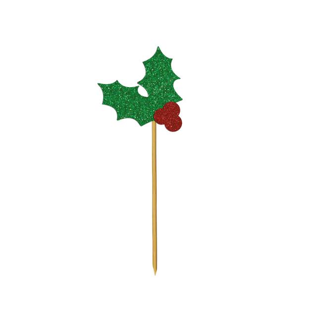 Anniversary House Glitter Holly Christmas Cupcake Toppers, 12 Per Pack