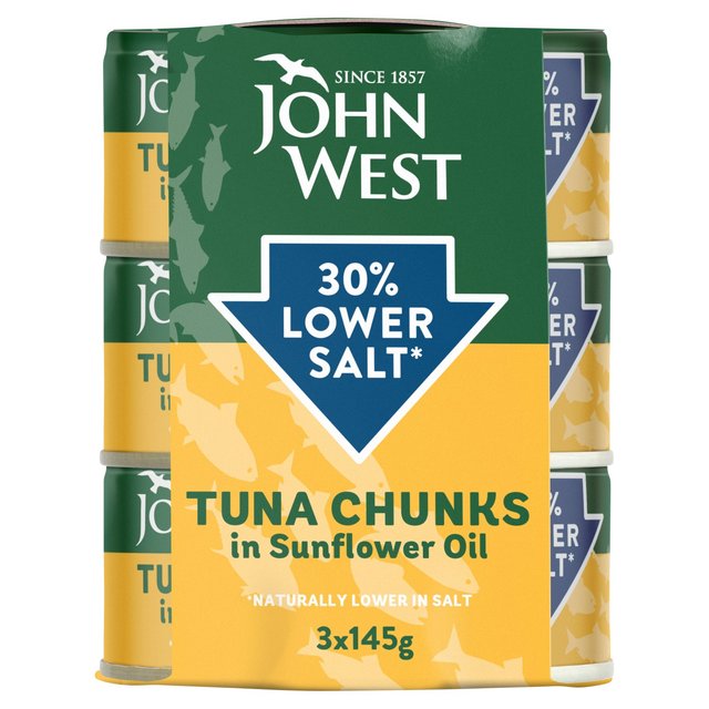 John West Lower Salt Tuna Chunks In Sunflower Oil, 3 x 145g