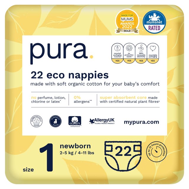 Pura Pack Of 22 High Performance Eco Nappies 1, 2-5 kg, Size 1, 2-5kg