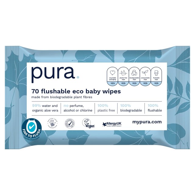 Pura, One Size, Flushable 100% Plastic Free, Biodegradable Baby Wipes, 70 Wipe Pack, 70 Per Pack