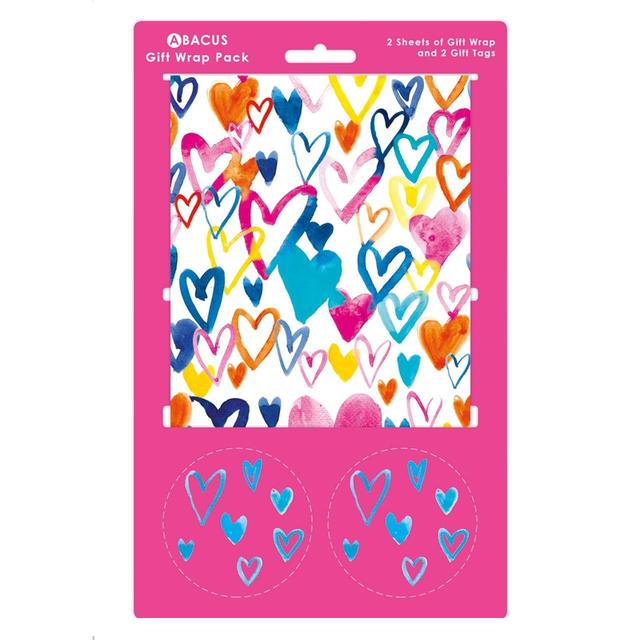 Abacus Blue, Pink and Green Hearts Gift Wrap With Plastic Free Packaging, 50x70cm, 2 per Pack
