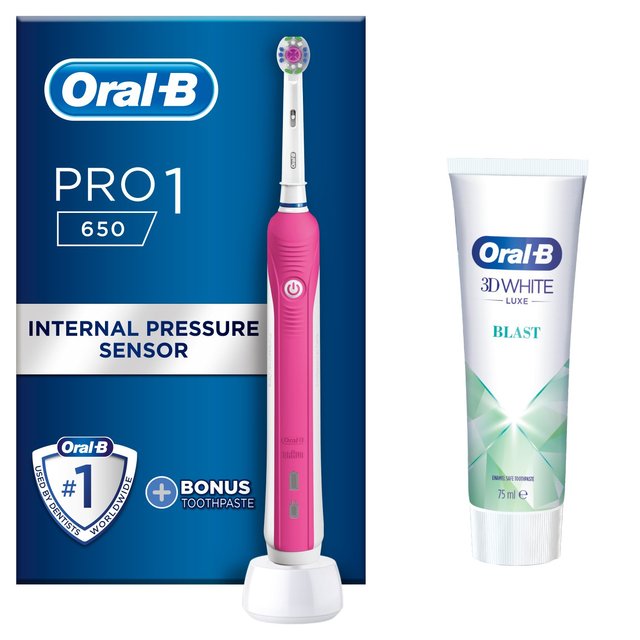 Oral-B Pro 1 650 Pink 3D White Electric Toothbrush, + Whitening Toothpaste, One Size