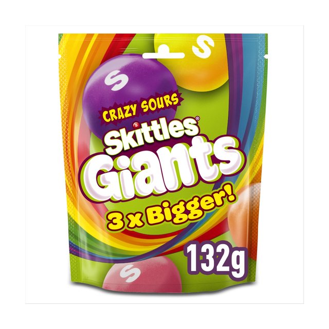 Skittles Giants Vegan Chewy Sour Sweets Fruit Flavoured Pouch Bag, 132g