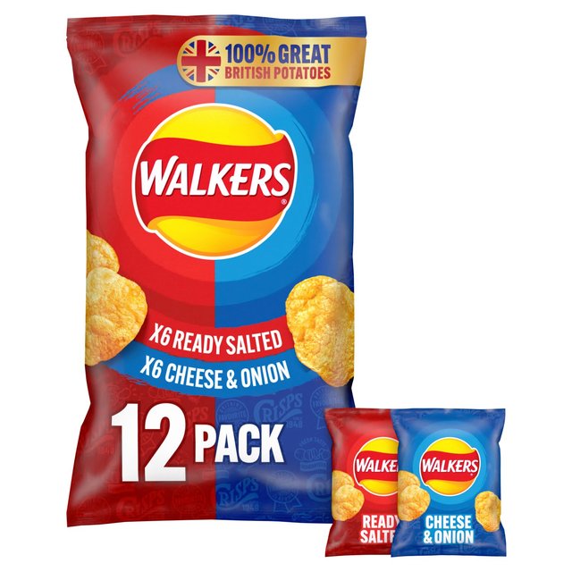 Walkers Ready Salted, Cheese & Onion Variety Multipack Crisps, 12 per Pack