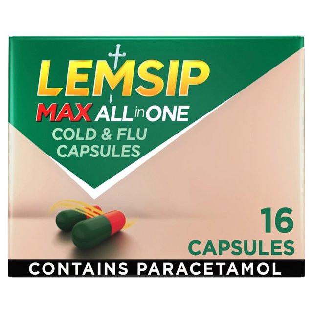 Lemsip Max All in OneCapsules Cold Flu Sore Throat, 16 per Pack