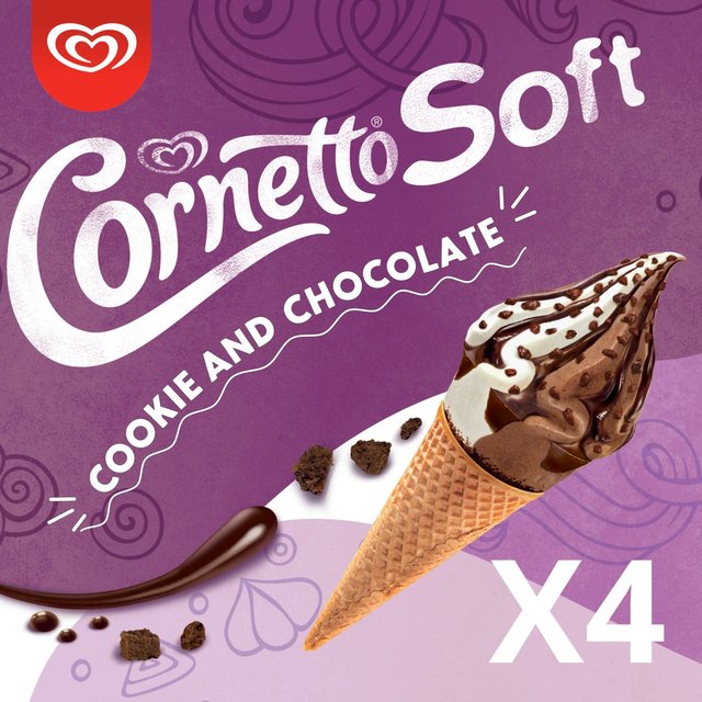 Cornetto Soft Cookie and Chocolate Ice Cream Cones, 4 x 90ml