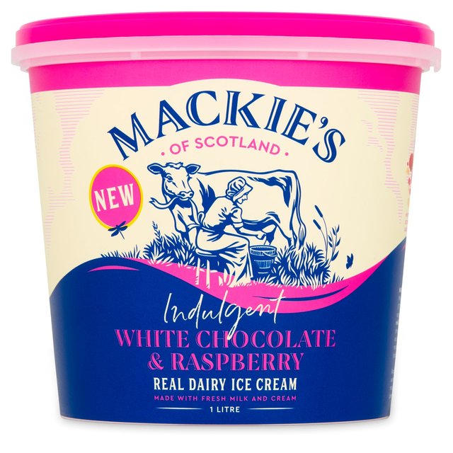Mackie’s Indulgent White Chocolate And Raspberry Real Dairy Ice Cream, 1 Litre, 1l