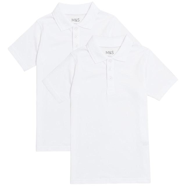 M & S Stain Resistant White Cotton Boys Pack of 2 Slim Fit Stayaway Polo Shirts, 10-11 Years