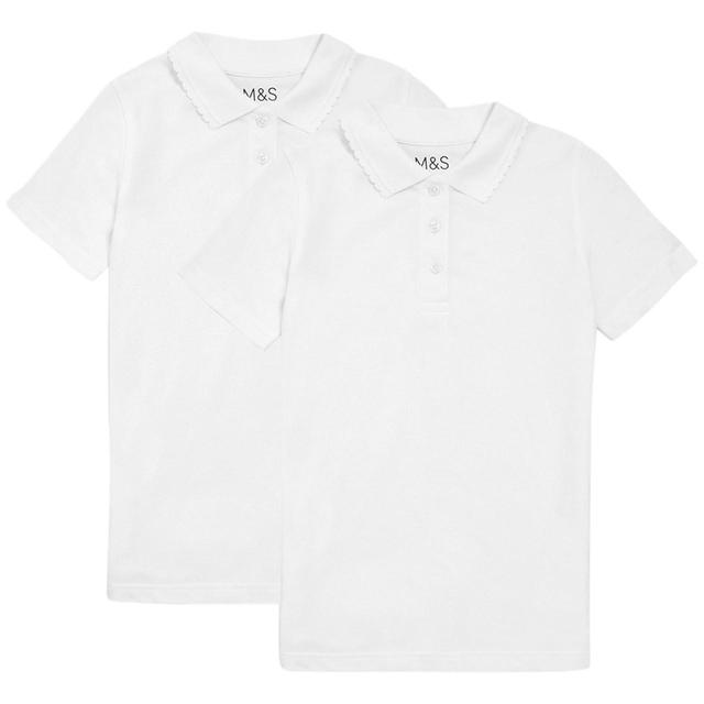M & S Stain Resistant White Cotton Girls Pack of 2 Slim Fit Stayaway Polo Shirts, 12-13 Years