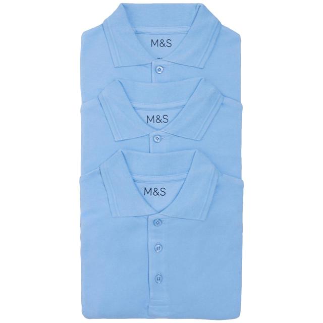 M & S Classic Blue Cotton Pack of 3 Polo Shirts, 12-13 Years