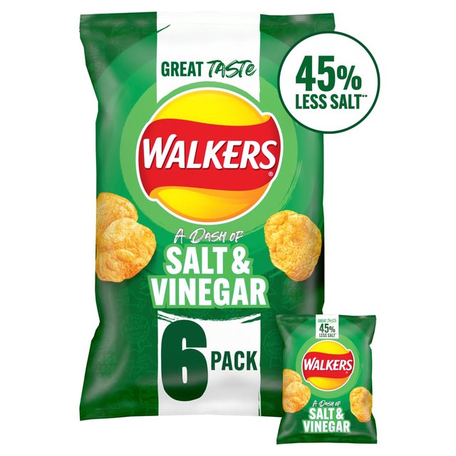 Walkers Less Salt A Dash of Salt & Vinegar Multipack Crisps, 6 Per Pack