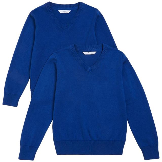 M & S Classic Blue Cotton Pack of 2 Jumper With Staynew, 10-11 Years