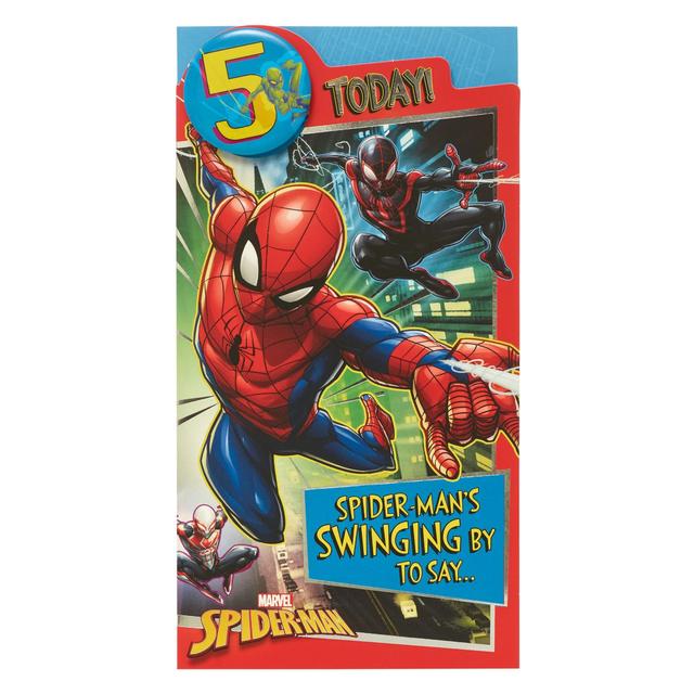 UK Greetings Red, Blue and Black Spider Man Age 5 Birthday Card, 12.1x22.9cm