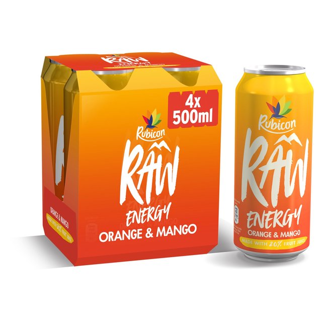 Rubicon Raw Orange & Mango Energy Drink, 4x500ml