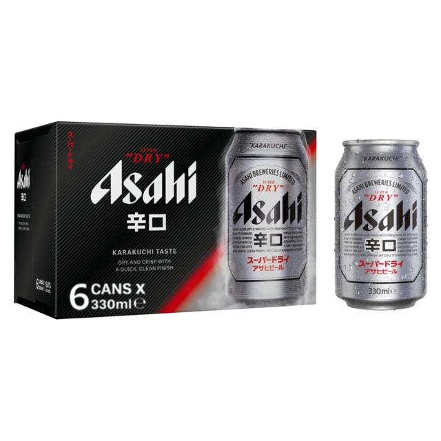 Asahi Super Dry Beer Lager Cans, 6 x 330ml