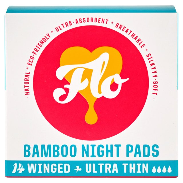 FLO Bamboo Sanitary Night Pads, Winged & Ultra Thin, 14 Per Pack