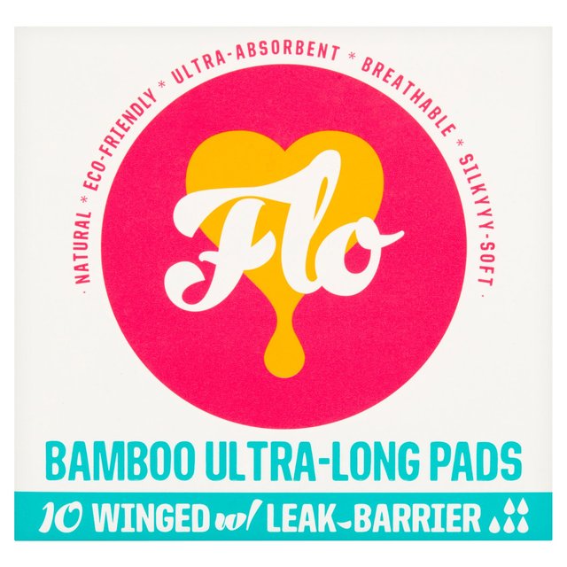 FLO Sanitary Bamboo Pads, Winged & Ultra-Long, 10 Per Pack