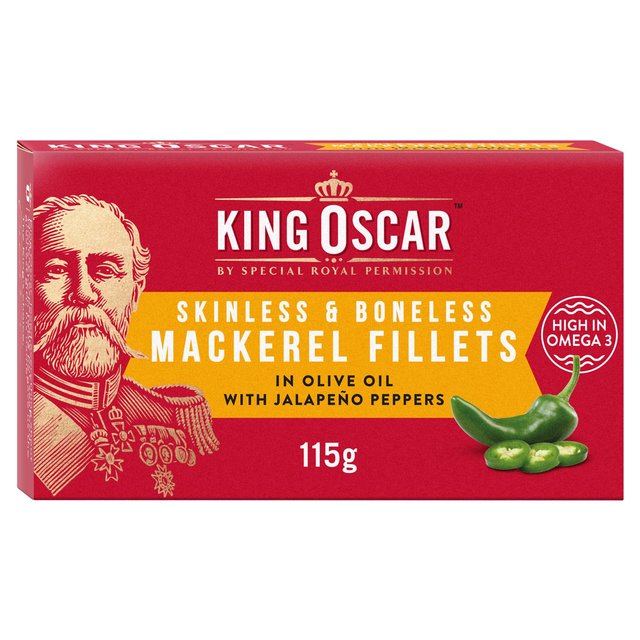 John West Mackerel Fillets in Olive Oil With Jalapeno Peppers, King Oscar, 115g
