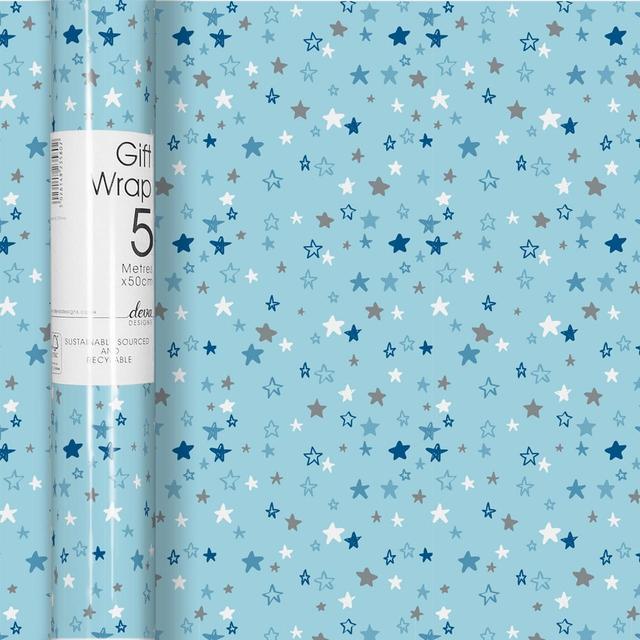 Deva Designs Blue Stars Gift Wrap Roll, 5m