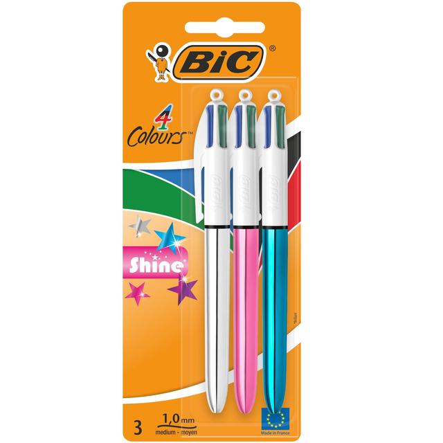 BIC 4 Colours Shine Retractable Ballpoint Pens, 3 Per Pack