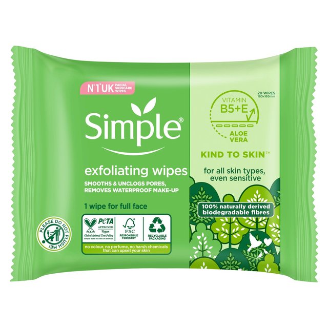 Simple Biodegradable Exfoliating Wipes, 20 Per Pack