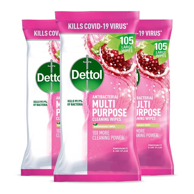 Dettol Antibacterial Biodegradable Pomegranate and Lime Multi Surface Wipes, 3 x 105 per Pack