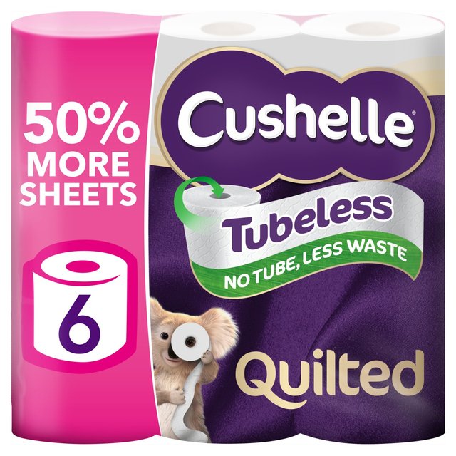 Cushelle Quilted Tubeless Toilet Roll, 6 Per Pack