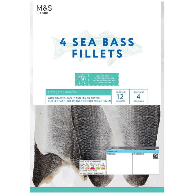M & S 4 Seabass Fillets With Garlic & Lemon Butter Frozen, 420g
