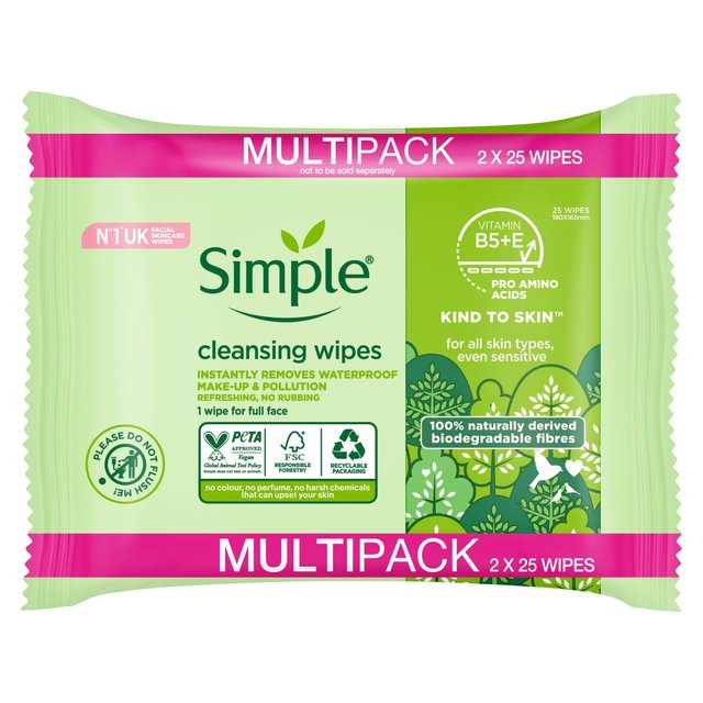 Simple Kind to Skin Biodegradable Face Wipes, 2 x 25 per Pack