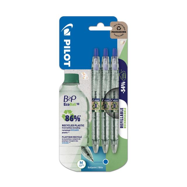Pilot B2P Ecoball Ballpoint Pen, Medium, Blue, 3 Per Pack