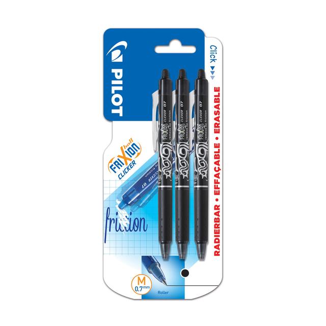Pilot Black FriXion Clicker 07 Medium Erasable Ink Rollerball Pen, 3 Per Pack
