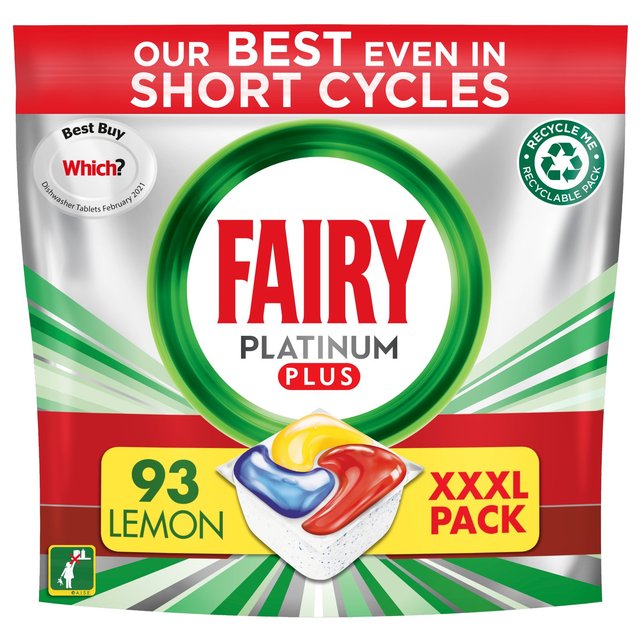 Fairy Platinum Plus Lemon Dishwasher Tablets, XXXL, 93 Per Pack