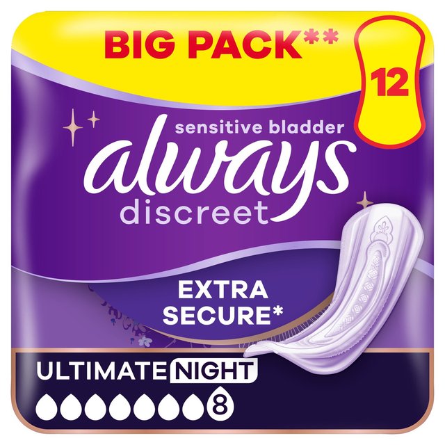 Always Discreet Incontinence Pads Ultimate Night, 12 Per Pack