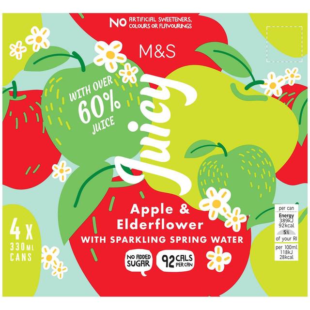 M & S Juicy Sparkling Apple & Elderflower Water, 4 x 330ml