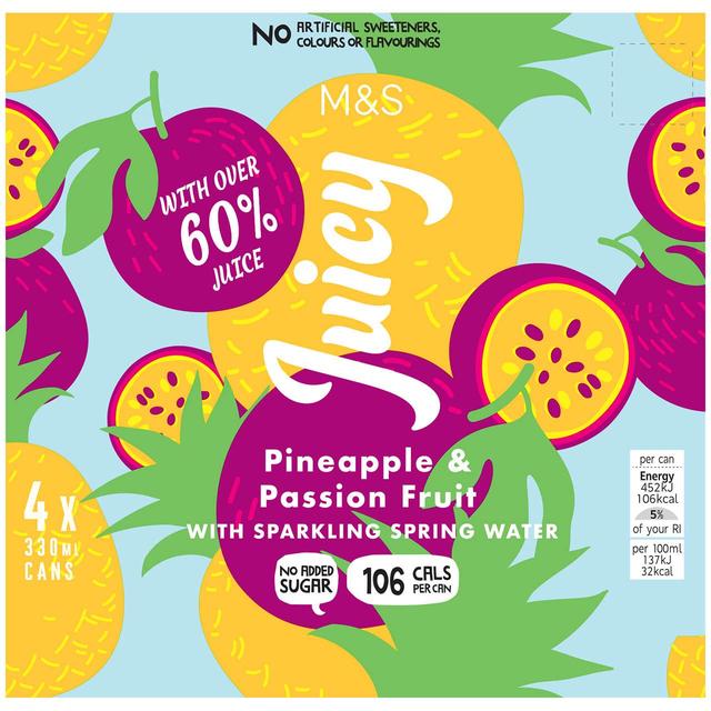 M & S Juicy Sparkling Pineapple & Passion Fruit Water, 4 x 330ml