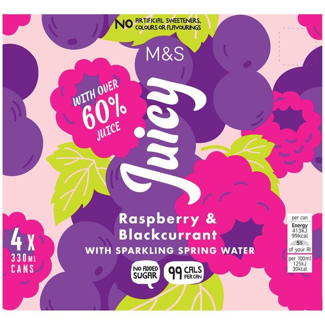M & S Juicy Sparkling Raspberry & Blackcurrant Water, 4 x 330ml