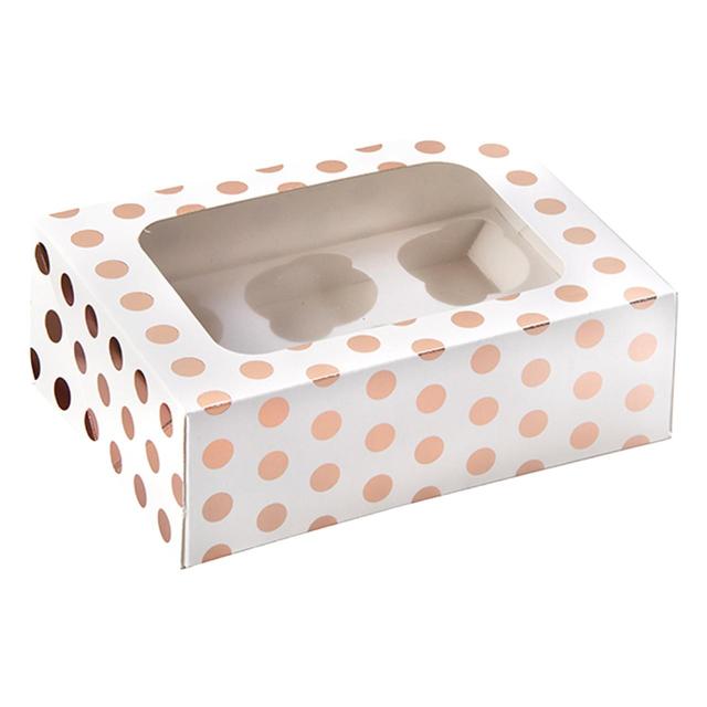 Anniversary House Rose Gold Foil Polka Dots Cupcake Box for 6 Cupcakes