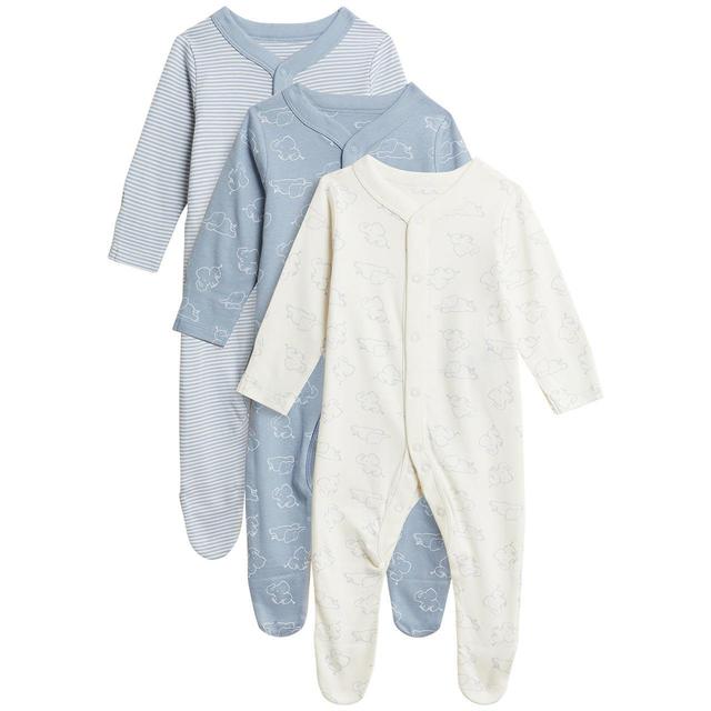M & S Boys Pure Cotton Sleepsuits 3 Pack, Newborn, Blue Mix