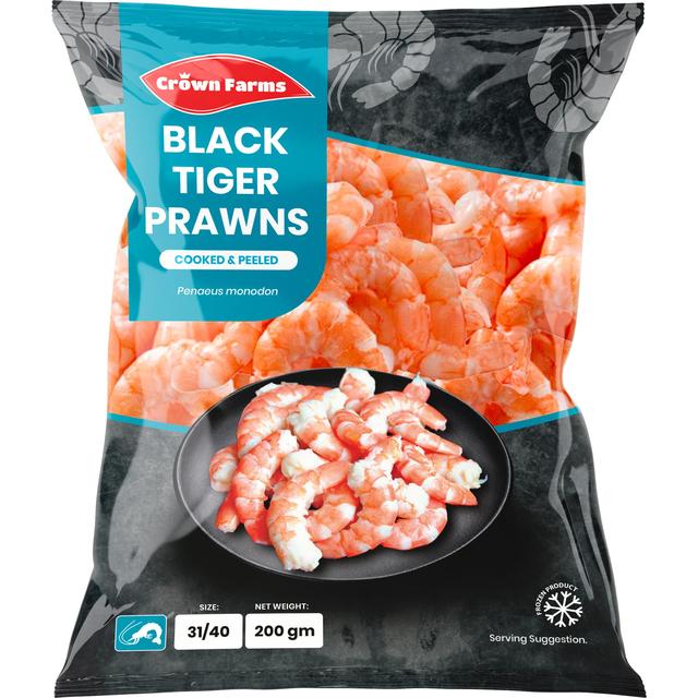 Crown Farms Cooked and Peeled Black Tiger King Prawns, 200g