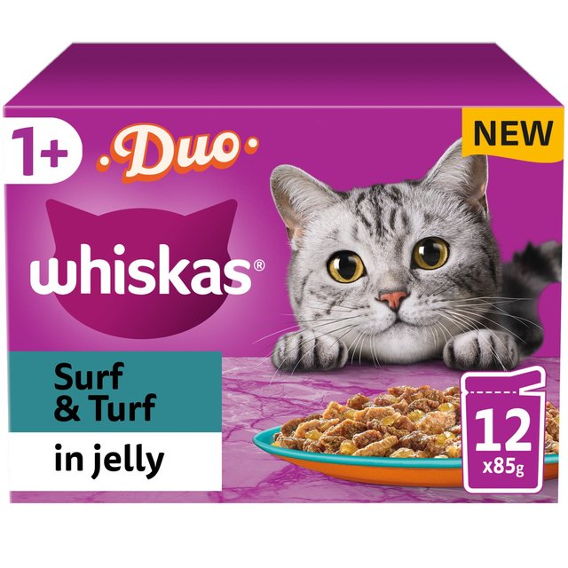Mars Petcare Whiskas 1+ Adult Wet Cat Food Pouches Surf & Turf Duo in Jelly, 12 x 85g