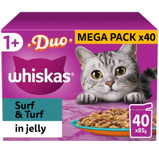 Mars Petcare Whiskas 1+ Adult Wet Cat Food Pouches Surf & Turf Duo in Jelly, 40 x 85g